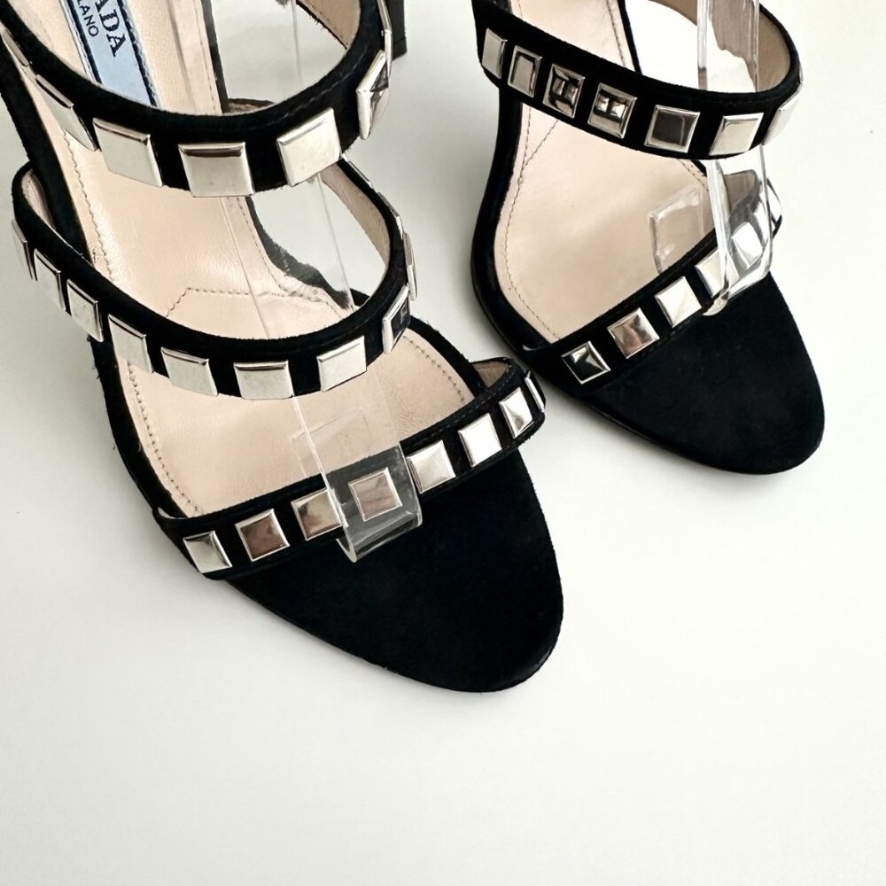 PRADA Black Suede Silver Studded Strappy Sandals Heels Size 38.5 (US 8.5) - Picture 7 of 11
